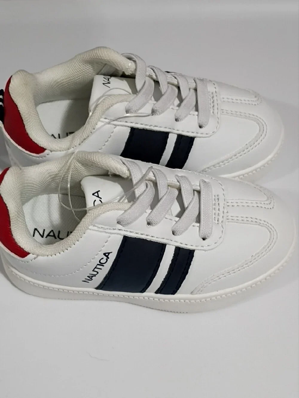 NAUTICA Kids White Sneakers with Navy Stripes and Red Heel Trim - SIZE 6 Toddler